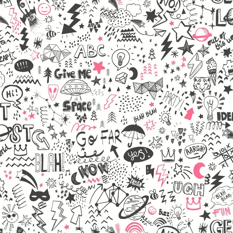 Kids Doodle Wallpaper - White/Neon Pink 1