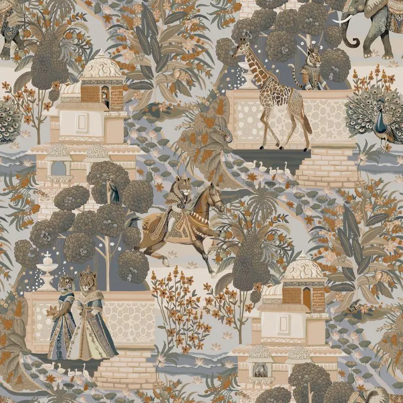 Animal Palace Wallpaper Navy/ Orange Sample 1