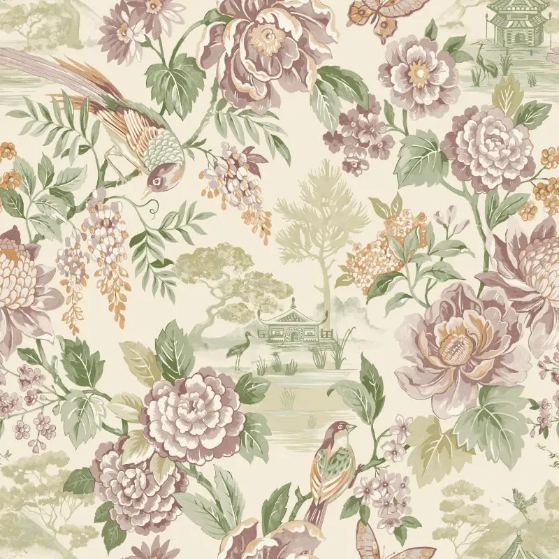 Scenic Bird Trail Wallpaper Green / Cream Sample 1