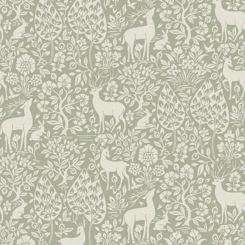 Deer Woods Woodland Wallpaper - Sage Sample 1