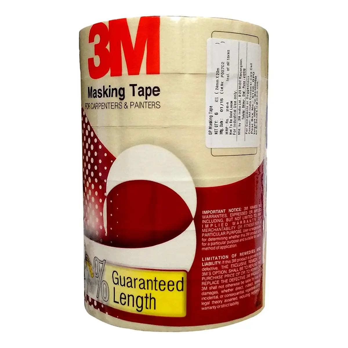 3M Masking Tape For Carpenters & Painters 1 Tube : 6 Rolls Of 24Mm X 20Mtr Each 1
