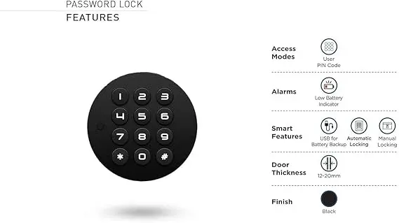 Ozone Round, Handy, And Compact Master Pin Code Access Automatic Smart Furniture Locking Black (Pack Of 1) 1