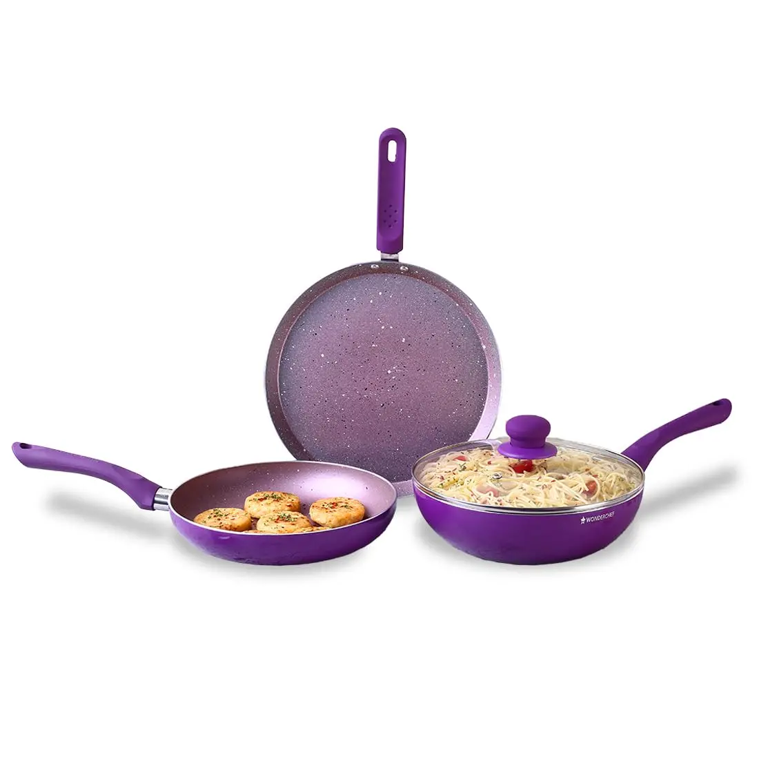 Wonderchef Royal Velvet Plus Induction Base Aluminium Nonstick Cookware 4-Piece Set | Frying Pan, Wok, Dosa, Tawa | Purple 1