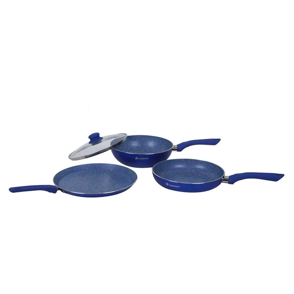 Wonderchef Royal Velvet Plus Induction Base Aluminium Nonstick Cookware 4-Piece Set | Frying Pan, Wok, Dosa, Tawa | Blue 1