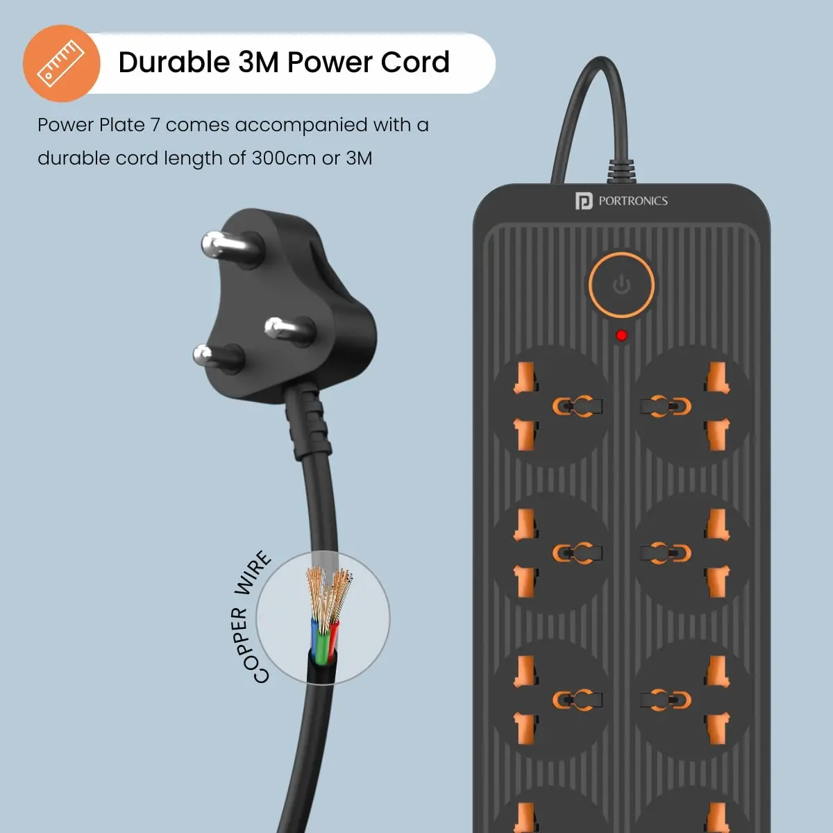 Portronics Power Plate 7 With 6 Usb Port + 8 Power Sockets Power Strip Extension Board With 2500W, 3Mtr Cord Length, 2.1A Usb Output(Black) 2