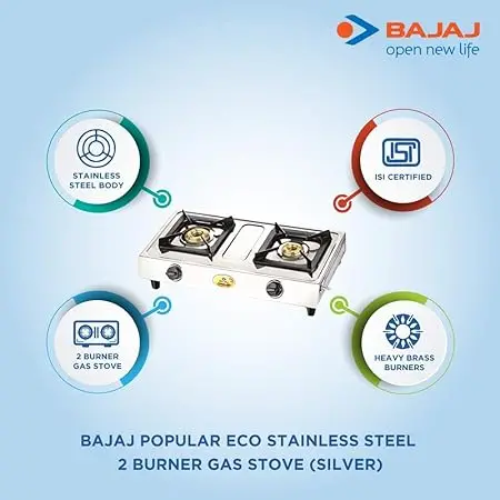 Bajaj Popular Eco, 2-Burner Open Stainless Steel, Isi Certified, Gas Stove (Silver, Black) 1