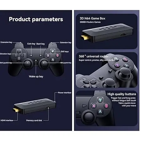 M33 2.4G Wireless Game Stick Handheld Game With 4K 3D Tv Output, 45 Emulators, 30, 000+ Games, 360° Universal Rocker, 2 Gamepads, Black 1