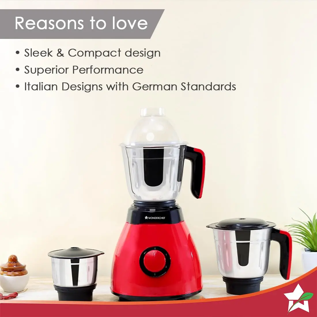 Wonderchef Vesper Mixer Grinder | 3 Leak-Proof Stainless Steel Jars With Secure Lids | Powerful 600W Motor | 3-Speed & Pulse Function | Anti Skid Feets | 5 Years Warranty On Motor | Red 1