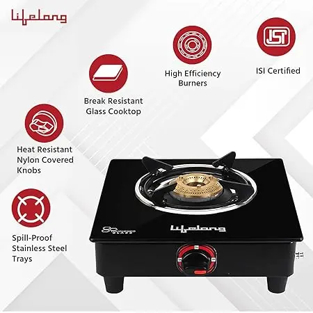 Lifelong Llgs201 Open Single Burner Glass Gas Stove (Black, 27 X 29 X 9 Cm), Manual Ignition, Black 1