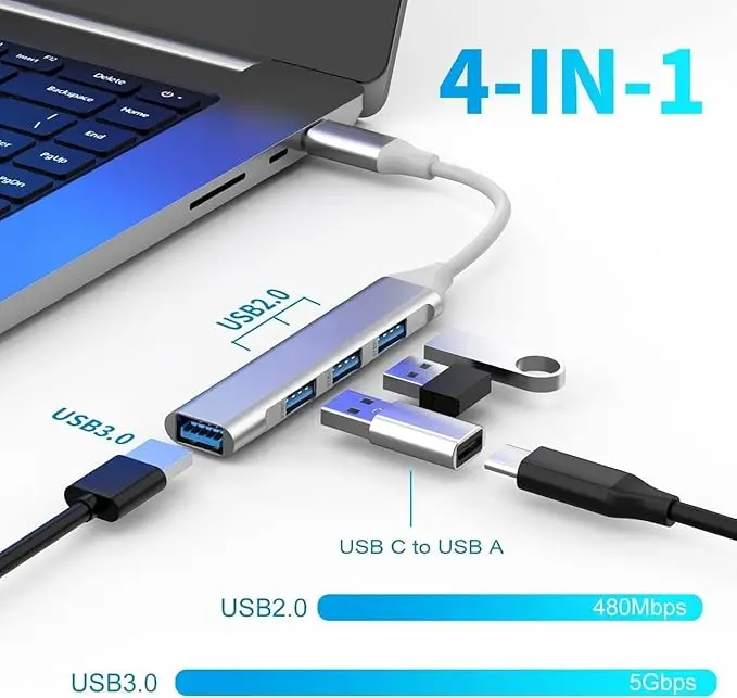 Dealsplant 4 In 1 Portable Usb C Hub (Type-C To 4 Usb-A Ports) With Aluminum Shell, Usb Port Hub 3.0 Compatible For Pc, Tablet, And Smartphone - White 1