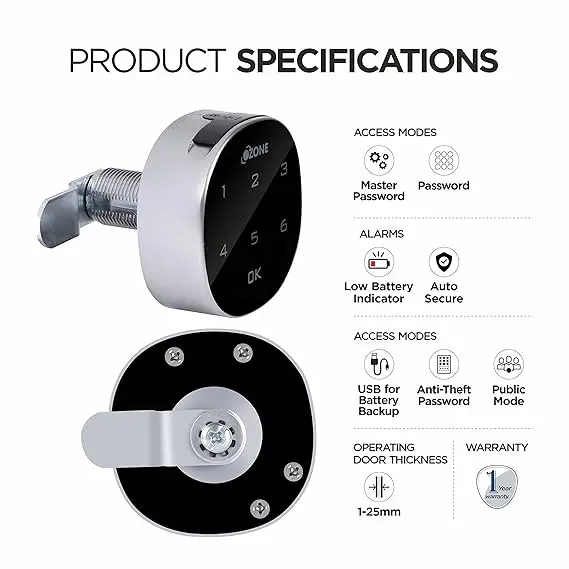 Ozone Rfid Lock Compact Round And Handy, Access, Rfid Locking System Smart Furniture Lock (Black) (Password) 1
