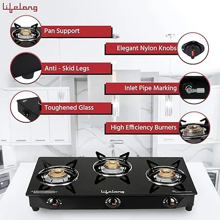 Lifelong Llgs18 Glass Top 3 Burner Gas Stove 2