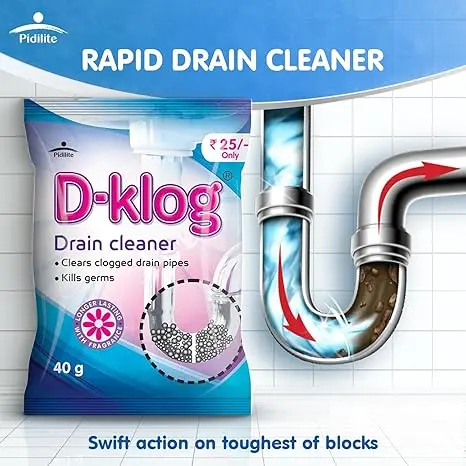 Pidilite D-Klog Drain Cleaner Powder (40G X 5 Units), Removes Clogs, Blockages In Washbasin, Septic Tank, Sinks, Pipes Within 30 Mins. Drain Expert | Sink Cleaner| Toilet Cleaner 1