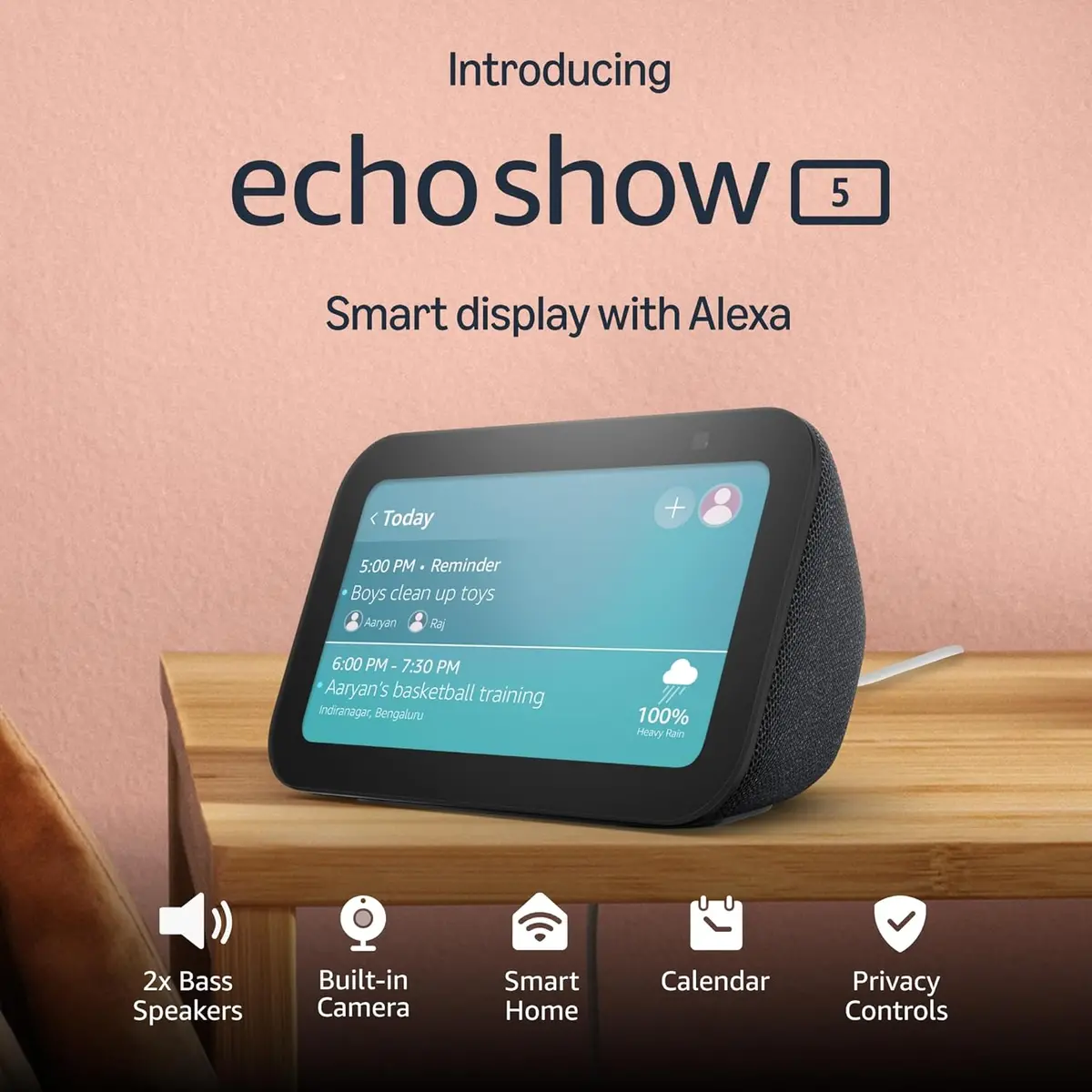 Amazon Echo Show 5 (Latest Model) | Smart Display With Alexa, 2X Bass Speaker, Clearer Sound, Camera For Home Monitoring, Bluetooth | Charcoal 1