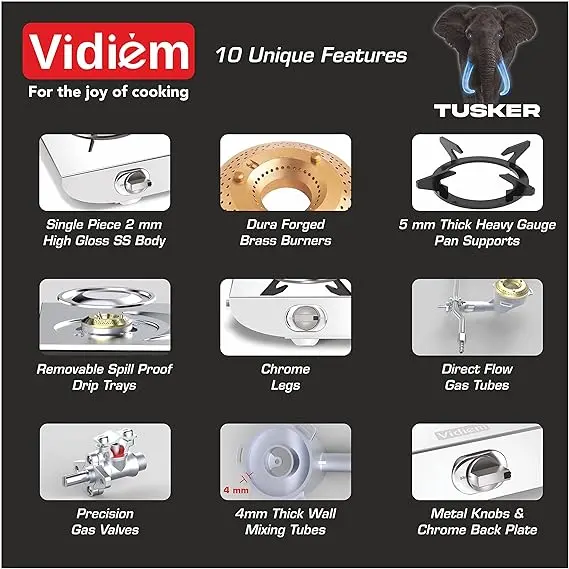 Vidiem Gas Stove S3 225 A Tusker (Silver) | Stainless Steel 3 Burner Gas Stove | Manual Ignition | Safety, Reliability, High Efficiency | Isi Certified | 5 Years Warranty 2