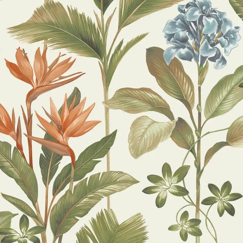 Oliana Floral Wallpaper Green/ Orange Sample 1