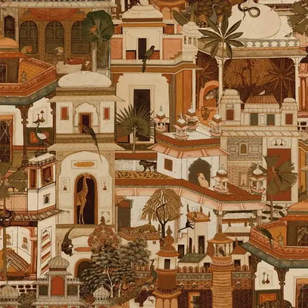 Civita Moroccan Building And Jungle Animal Orange Wallpaper Sample 1