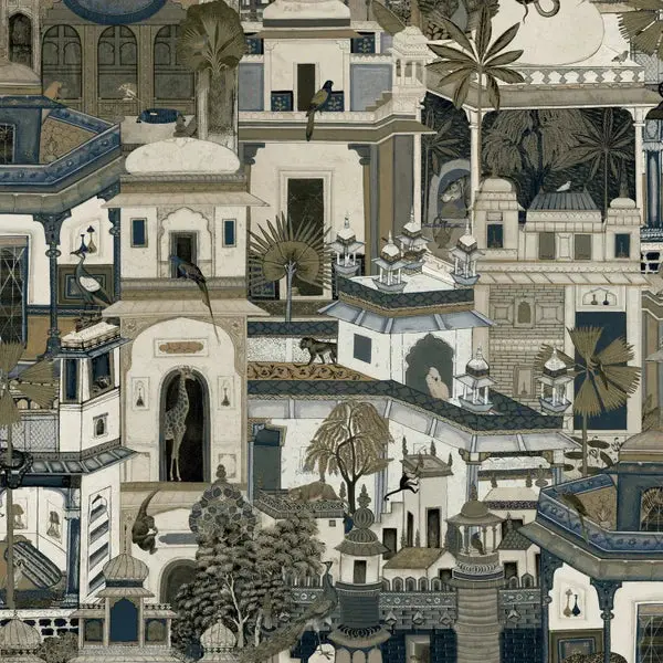 Civita Moroccan Building And Jungle Animal Navy Wallpaper Sample 1