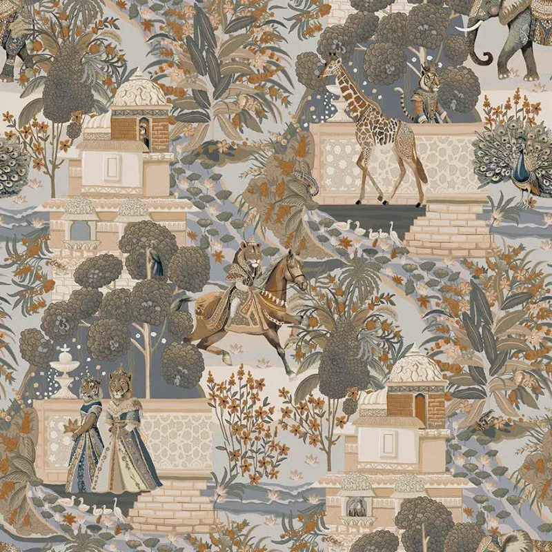 Jal Mahal Animal Wallpaper Sample - Navy/Orange 1