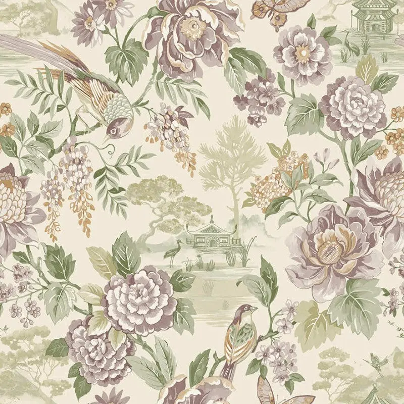 Hana Floral Blossom Wallpaper Sample - Green/Cream 1