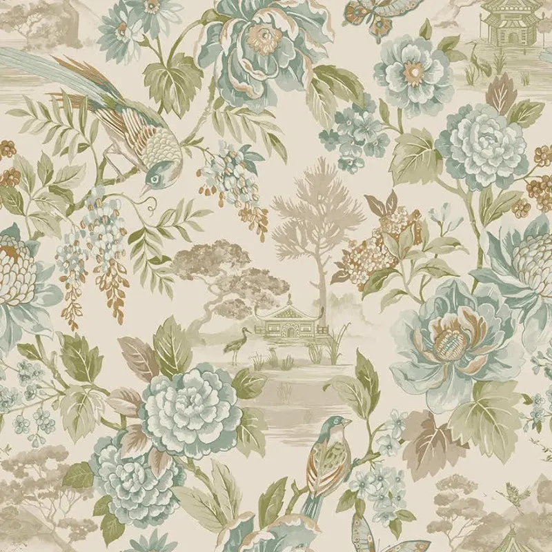 Hana Floral Blossom Wallpaper Sample - Teal/Orange 1