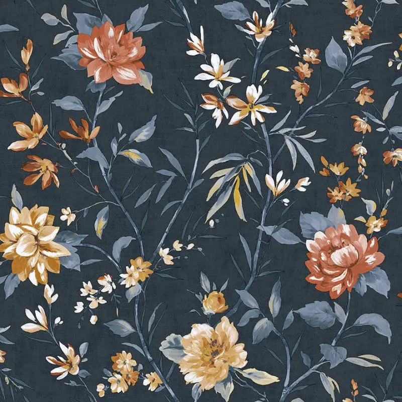 Sazanka Floral Wallpaper Sample - Navy 1