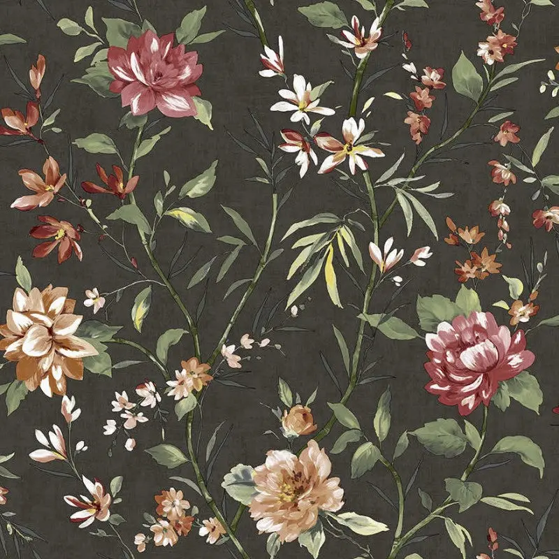 Sazanka Floral Wallpaper Sample - Charcoal 1