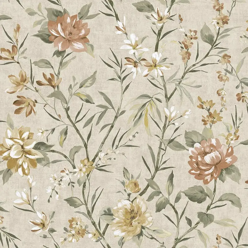 Sazanka Floral Wallpaper Sample - Neutral/Orange 1