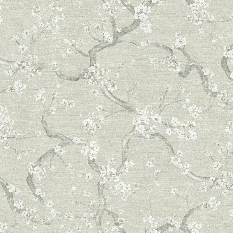 Cherry Blossom Tree Textured Sage Green Wallpaper Sample 1