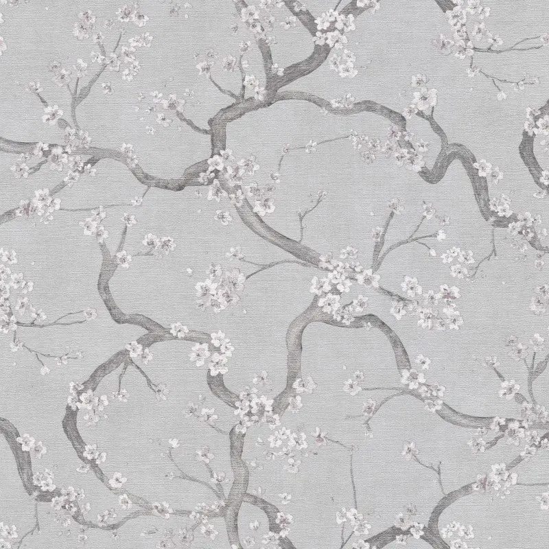 Cherry Blossom Tree Textured Grey Wallpaper Sample 1