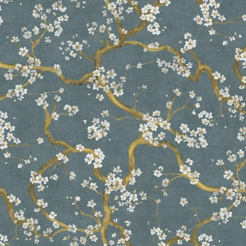 Cherry Blossom Tree Textured Teal Wallpaper Sample 1
