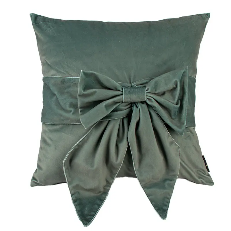Malini Sage Velvet Tiedup Bow Cushion 1