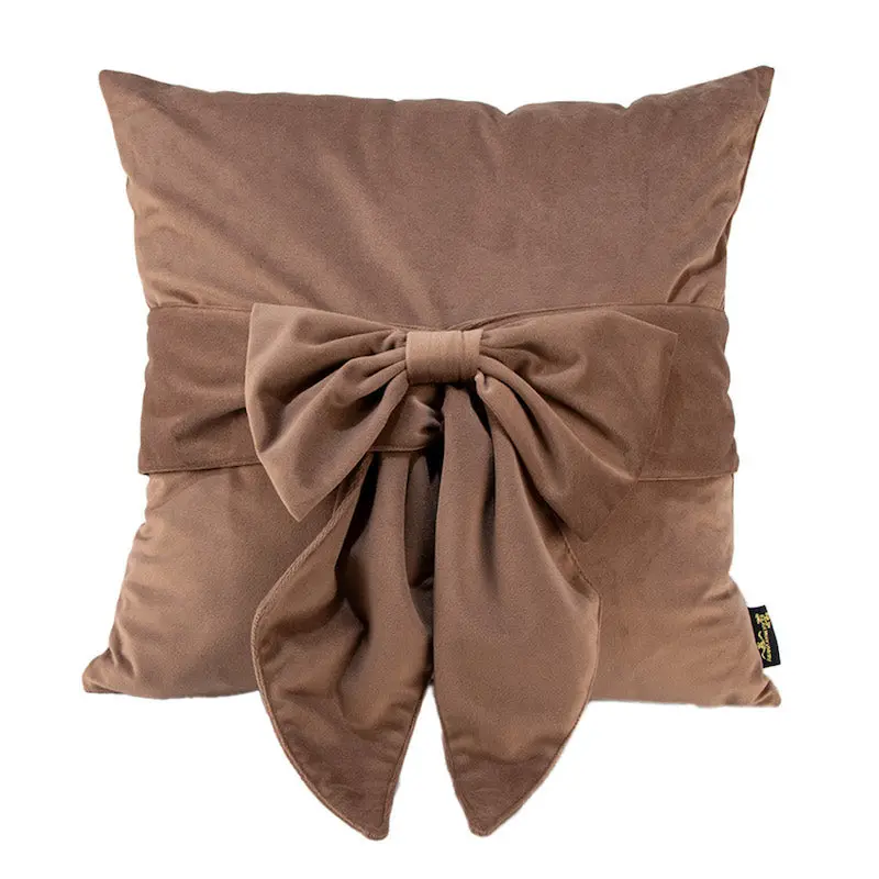Malini Taupe Velvet Tiedup Bow Cushion 1