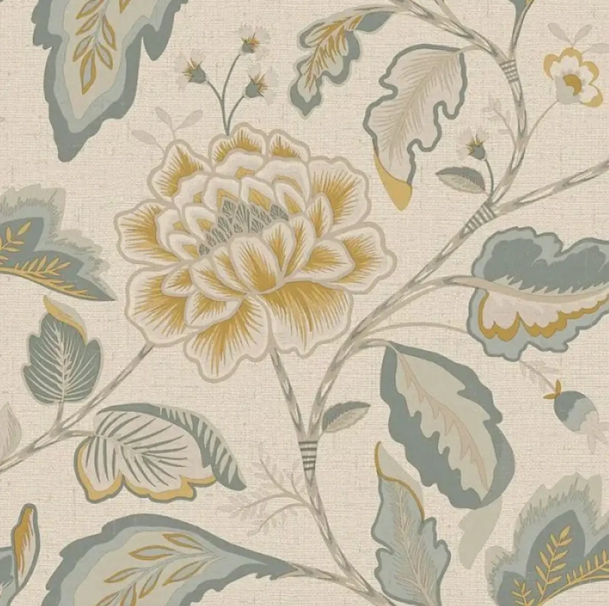 Maya Leaf Trail Wallpaper - Blue/Cream Sample 1