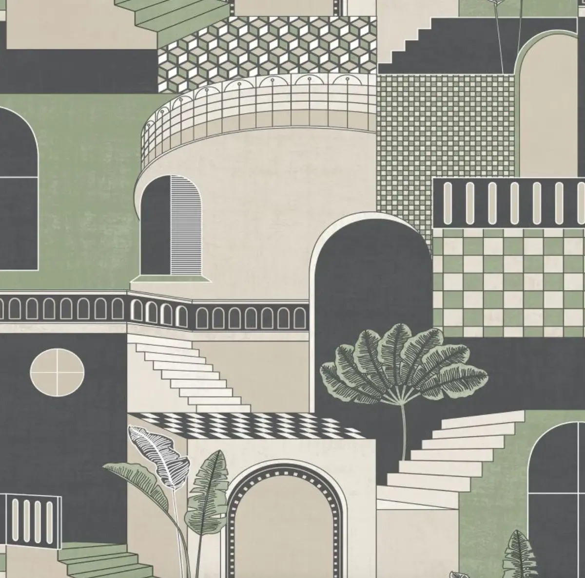 Medina Mediterranean Building Wallpaper Green Sample 1