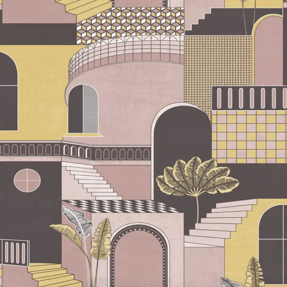 Medina Mediterranean Building Wallpaper Pink/Yellow Sample 1