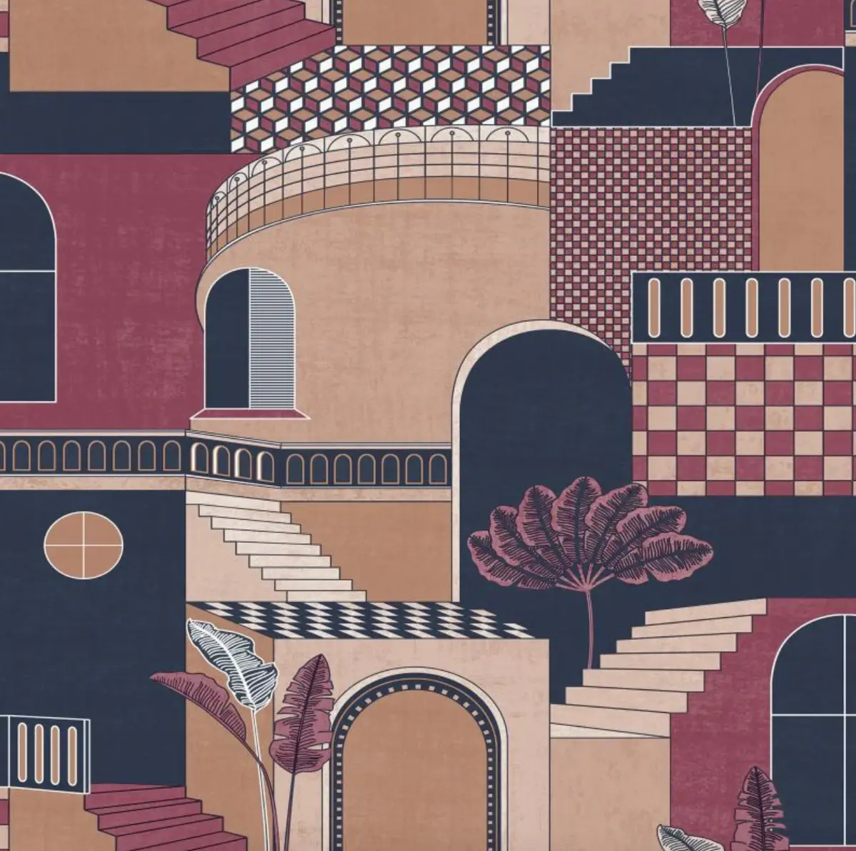 Medina Mediterranean Building Wallpaper Red/Navy Sample 1