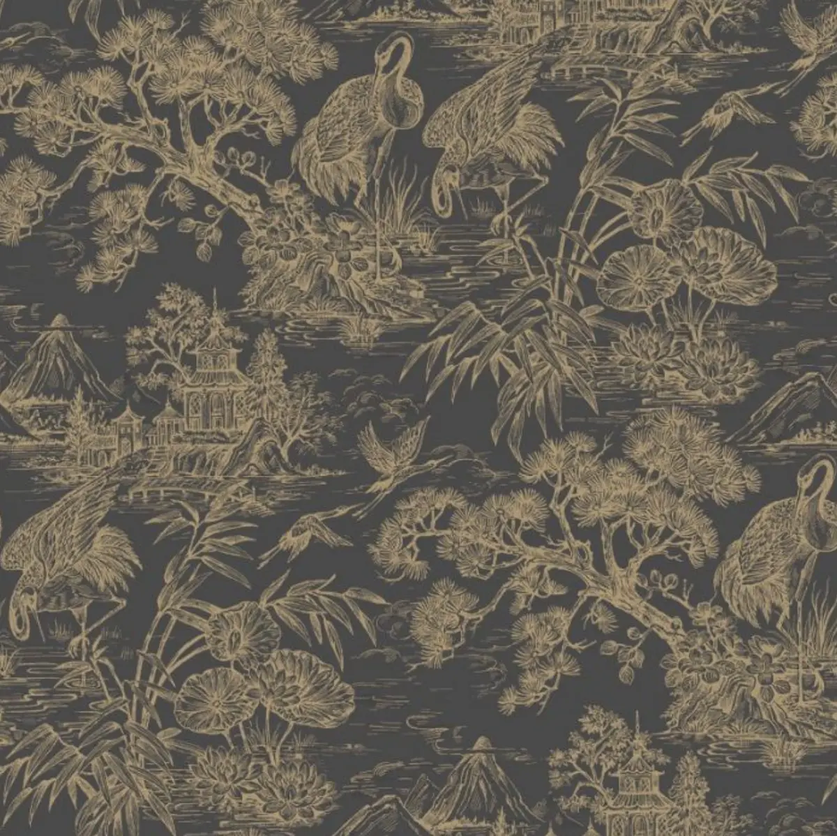 Natoru Oriental Wallpaper - Charcoal & Gold Sample 1