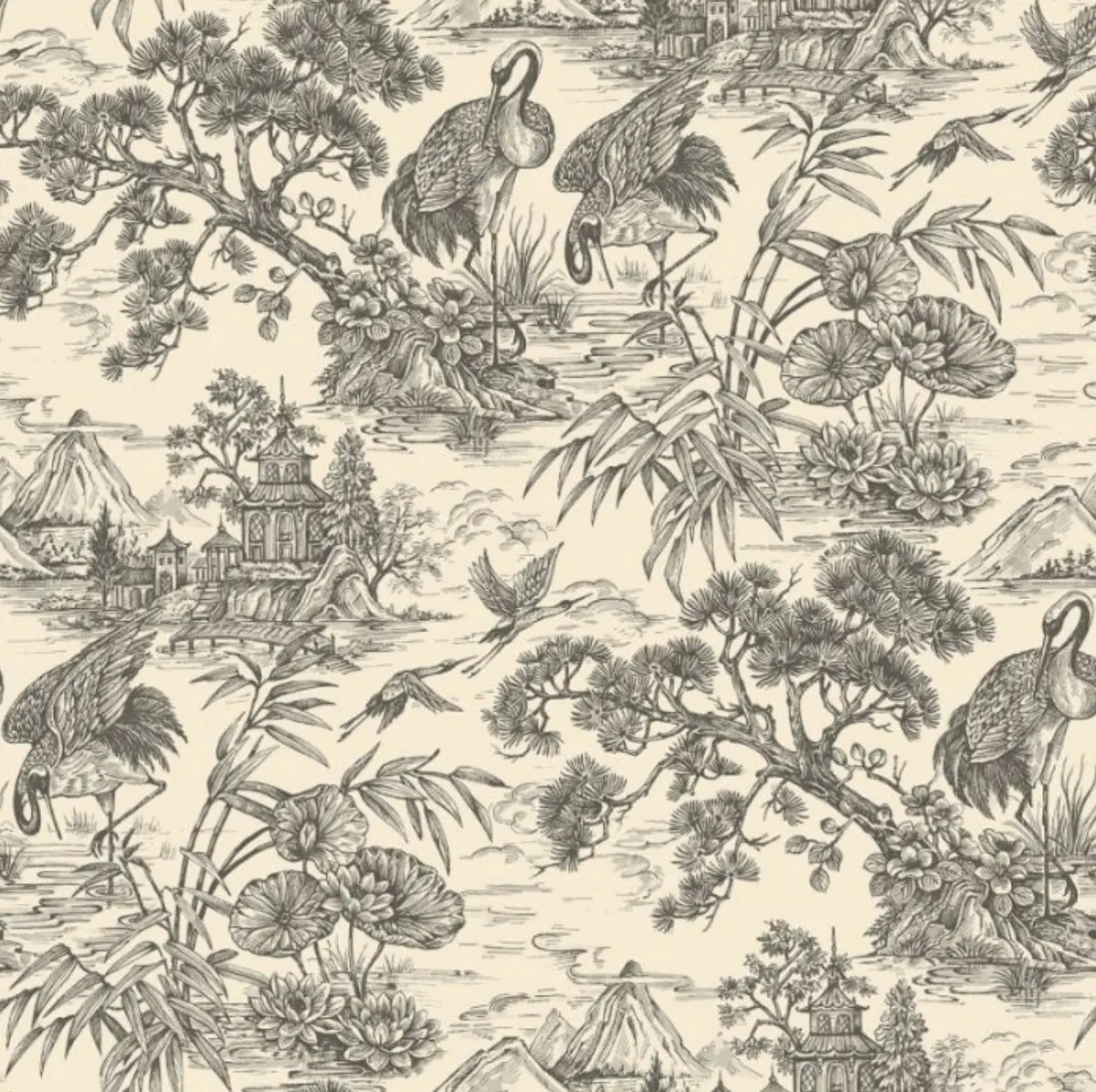 Natoru Oriental Wallpaper - Charcoal & Cream Sample 1
