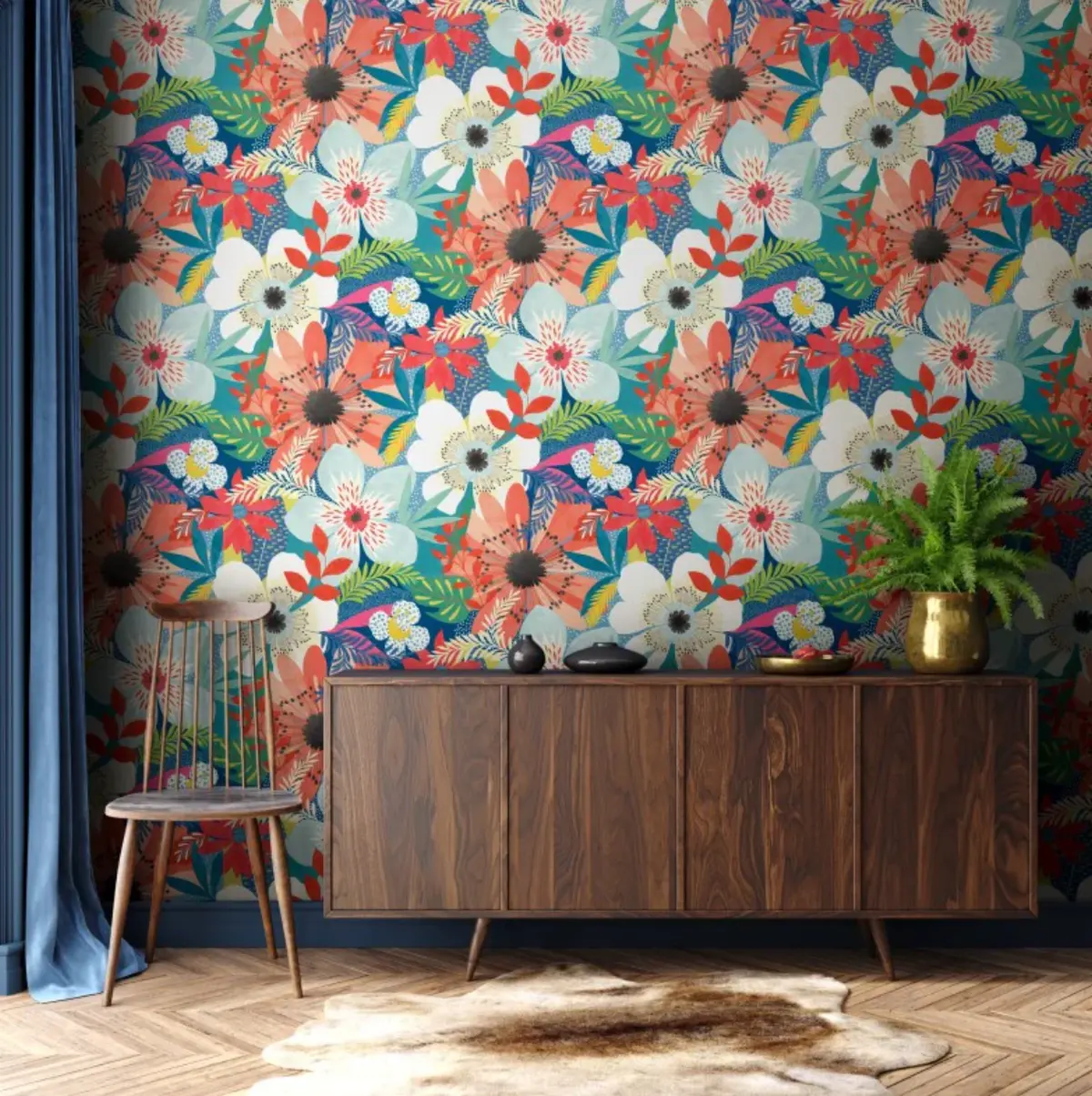 Ohpopsi Floral Riot Wallpaper Indigo Sample 1
