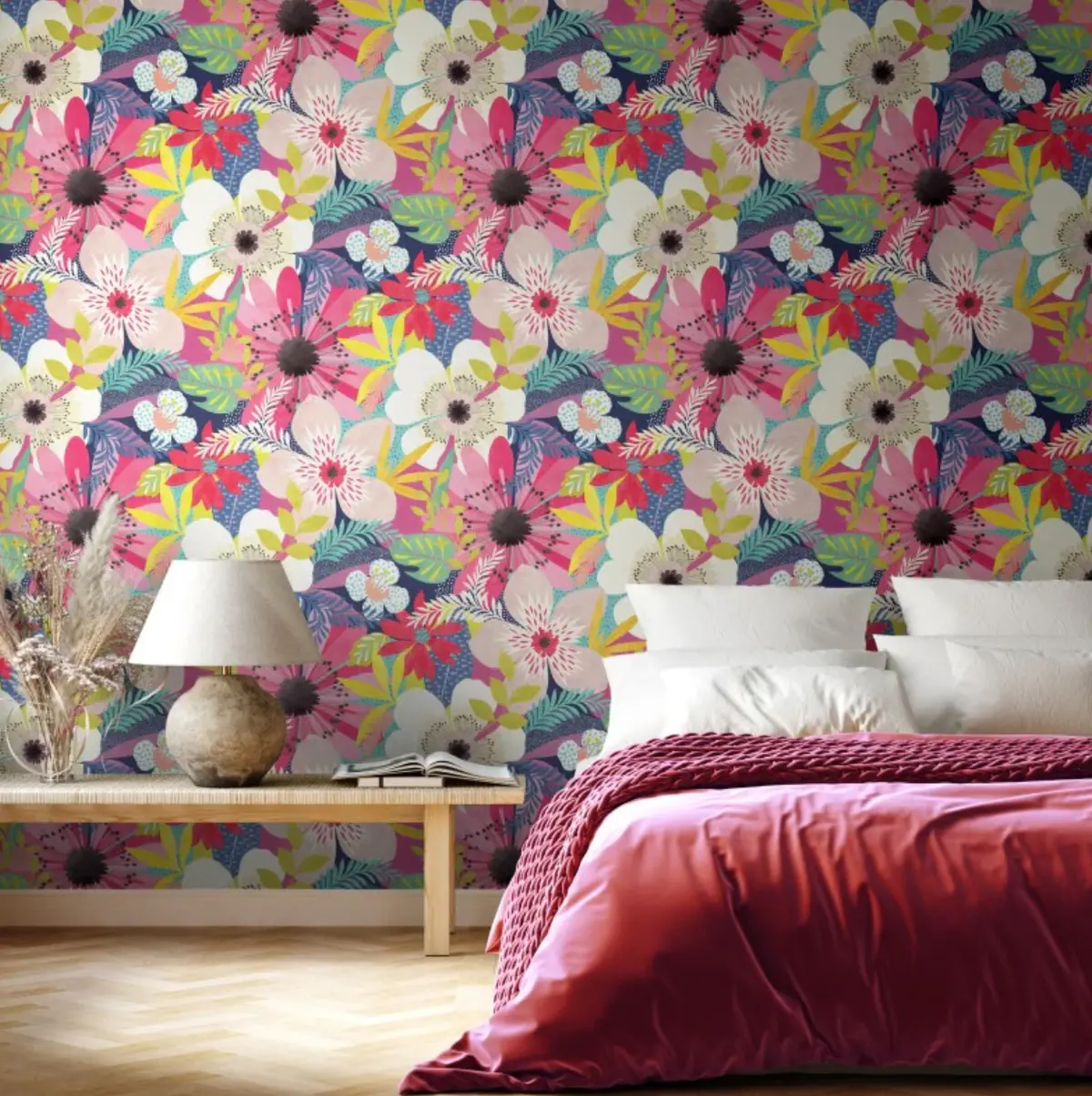 Ohpopsi Floral Riot Wallpaper Raspberry Sample 1