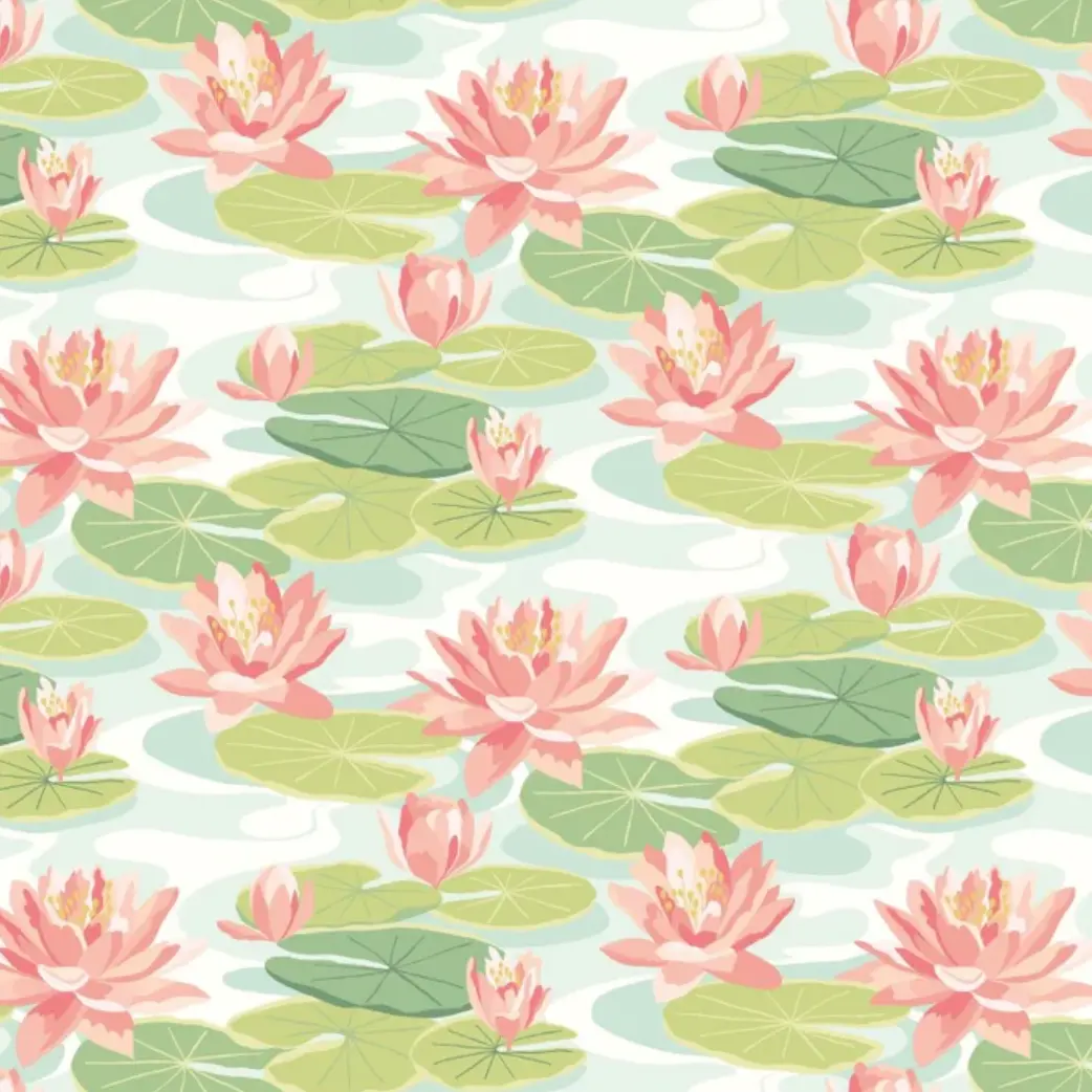 Ohpopsi Waterlily Wallpaper Duck Egg & Coral Sample 1