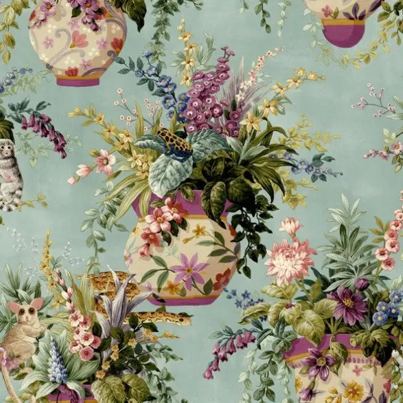 Rivara Floral Vase Soft Teal Wallpaper Sample 1