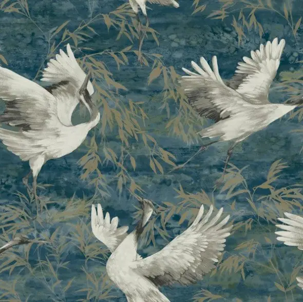Sarus Crane Metallic Wallpaper Teal Sample 1