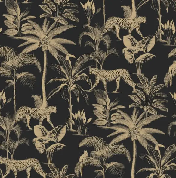 Savannah Leopard Palm Tree Wallpaper Black & Gold Sample 1