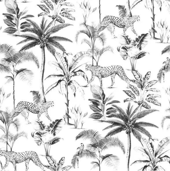 Savannah Leopard Palm Tree Wallpaper Black & White Sample 1