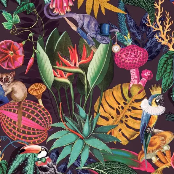 Wonderland Jungle Wallpaper Plum Sample 1