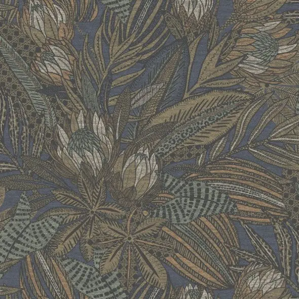Susara Tropical Leaf Metallic Wallpaper Navy Sample 1