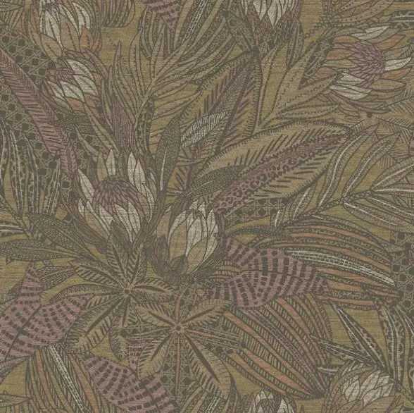 Susara Tropical Leaf Metallic Wallpaper Ochre Sample 1