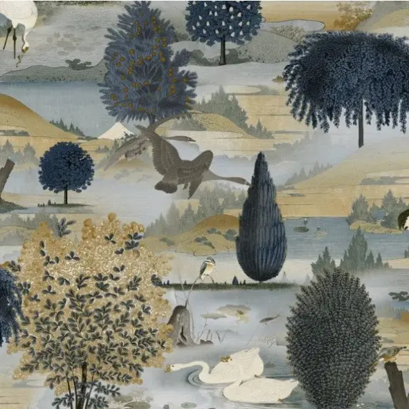 Swan Lake Wallpaper Navy / Ochre Sample 1